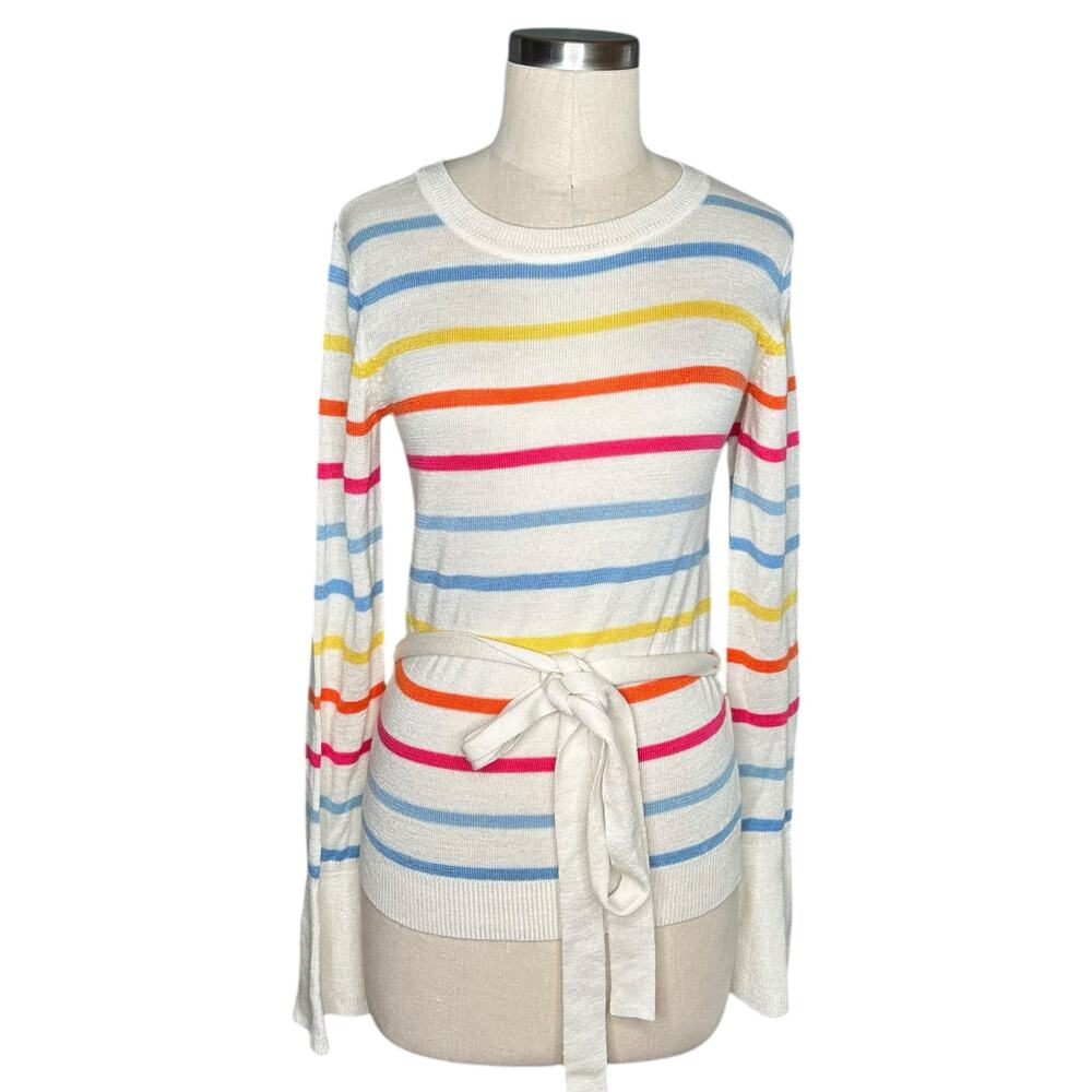 LOVERS+FRIENDS White Rainbow Striped Bell Sleeve Belted Knit Sweater Women's S